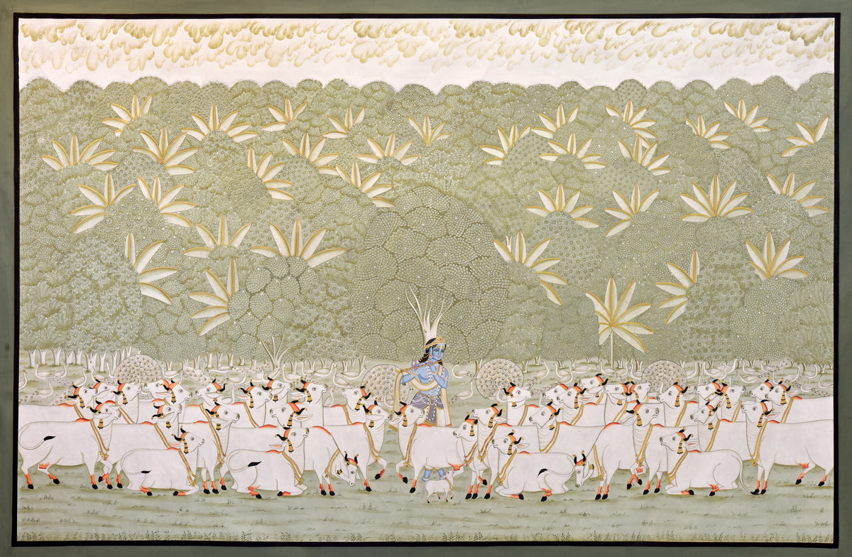 Krishna and His Cows in the Garden - Marble Lotus - Pichwai Painting of Lord Krishna Playing Flute with Cows | Krishna and His Cows in the Garden | Indian Art