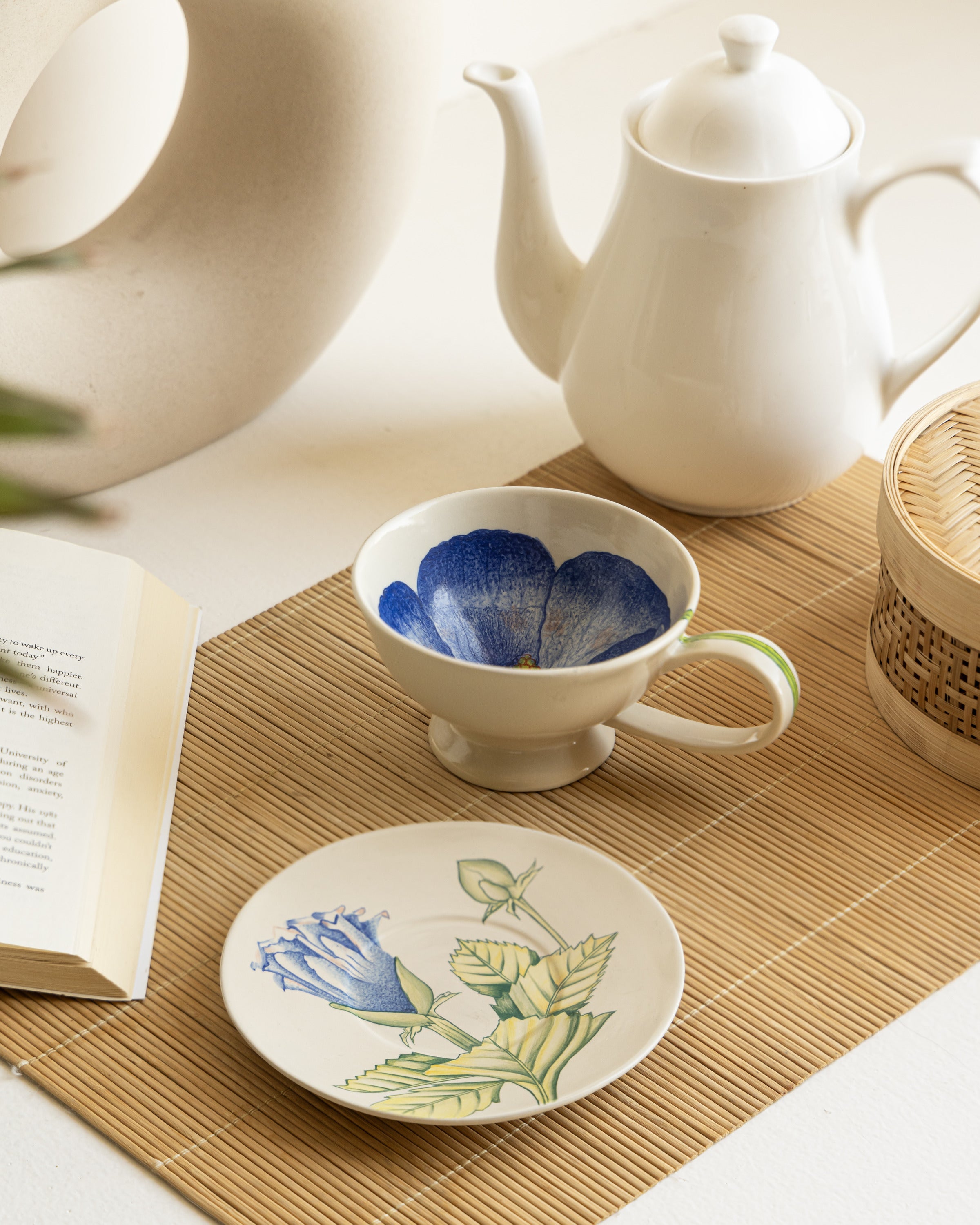 Tea Cup and Saucer Large Blue Hibiscus-Marble Lotus