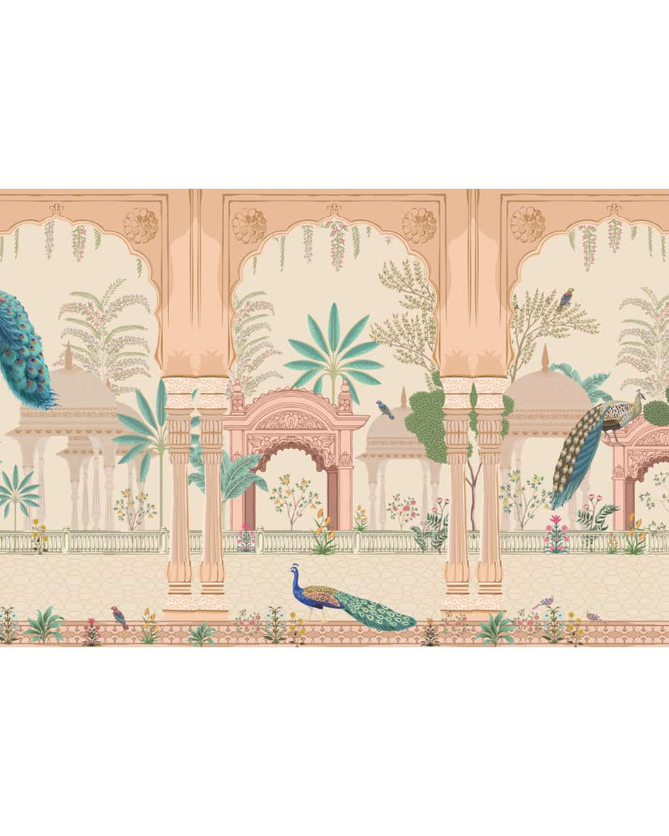Aangan Indian Theme Wallpaper with Peacocks - Marble Lotus - Aangan Indian Theme Wallpaper with Peacocks