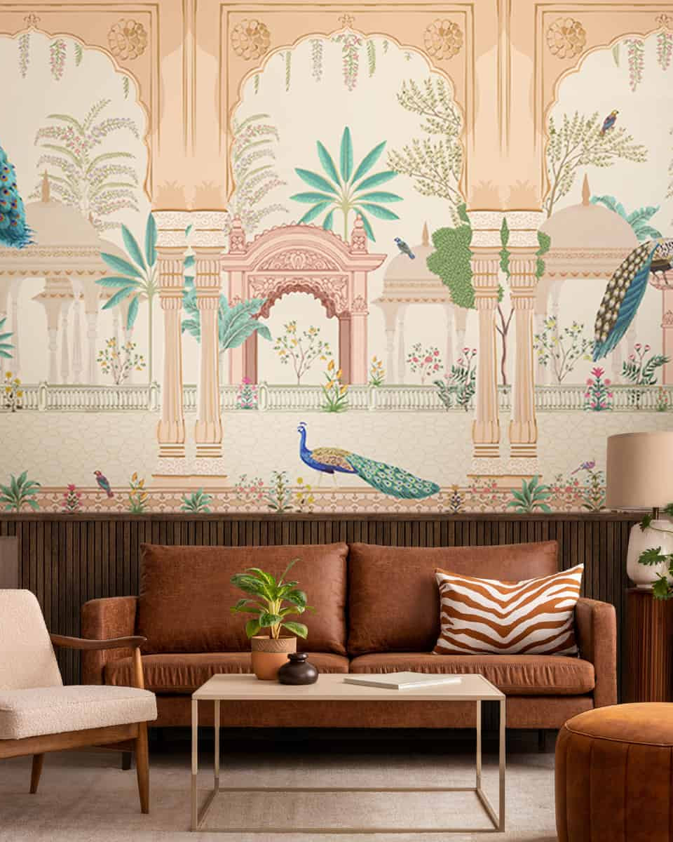 Aangan Indian Theme Wallpaper with Peacocks - Marble Lotus - Aangan Indian Theme Wallpaper with Peacocks