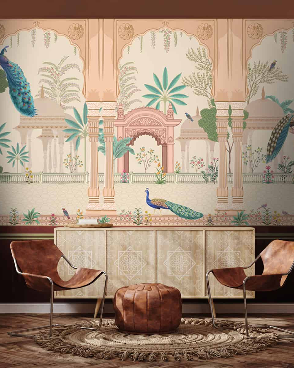 Aangan Indian Theme Wallpaper with Peacocks - Marble Lotus - Aangan Indian Theme Wallpaper with Peacocks