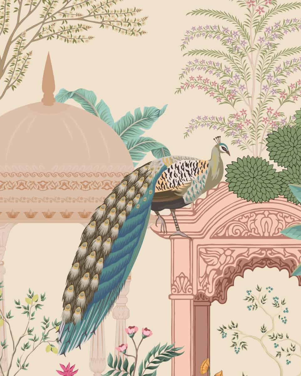 Aangan Indian Theme Wallpaper with Peacocks - Marble Lotus - Aangan Indian Theme Wallpaper with Peacocks