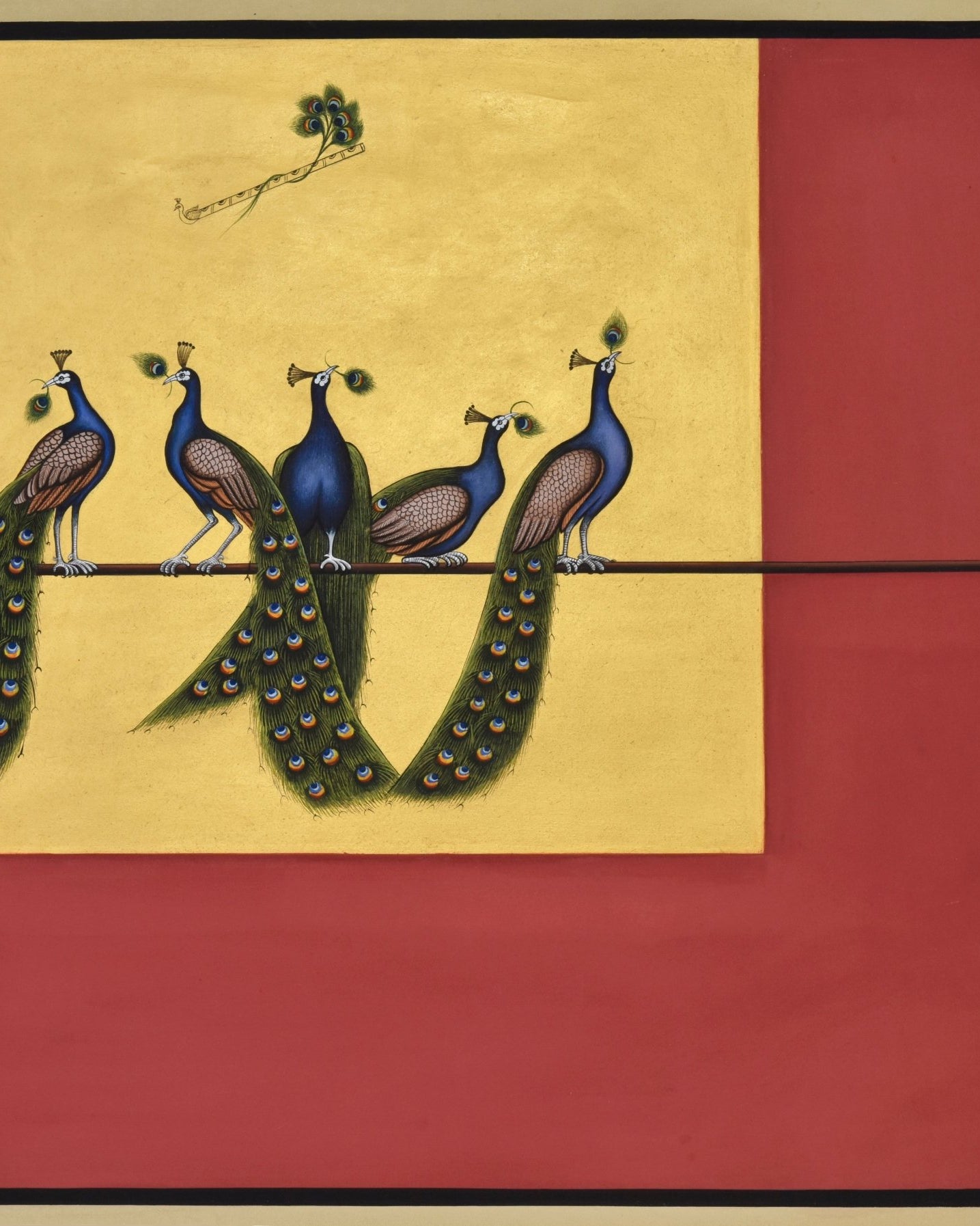 Abstract Peacocks and Krishna's Flute - Coral - Marble Lotus - Pichwai Painting | Abstract Peacocks and Krishna's Flute - Coral | Indian Art