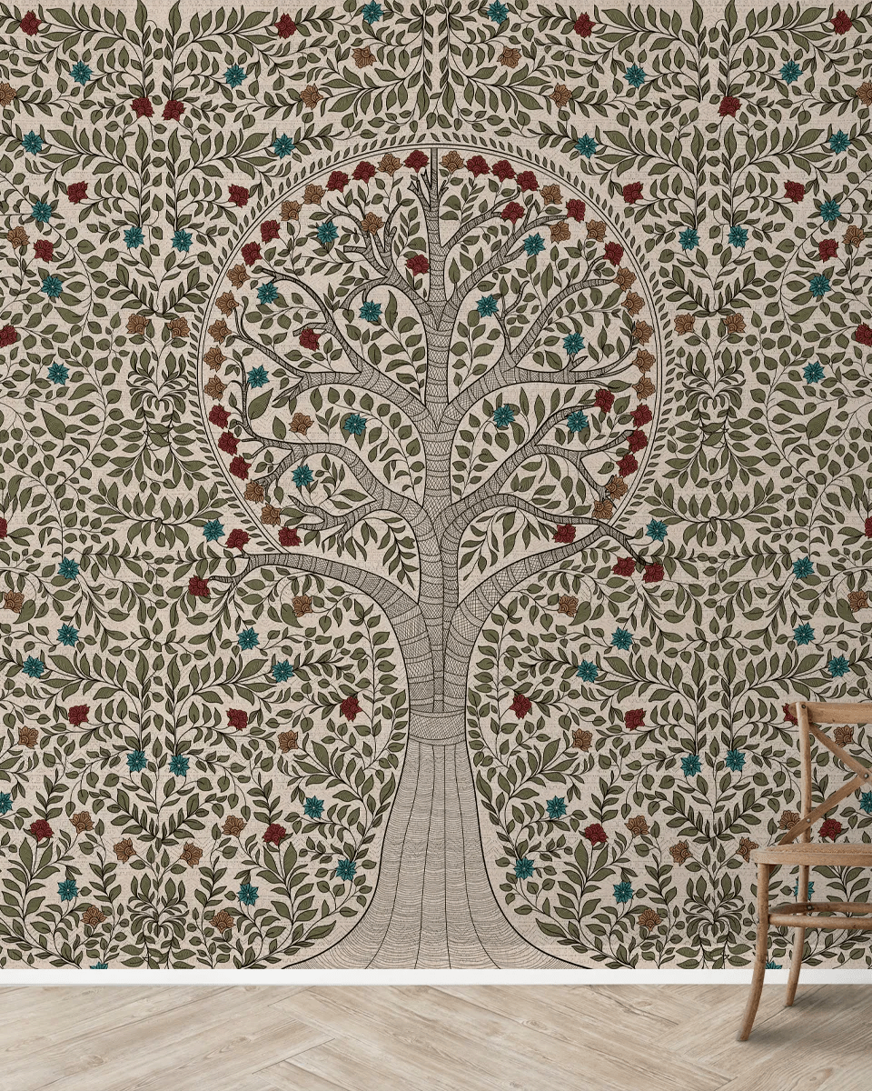 Anant Madhubani Design Customised Wallpaper Mural - Marble Lotus - Anant Madhubani Design Wallpaper Customised