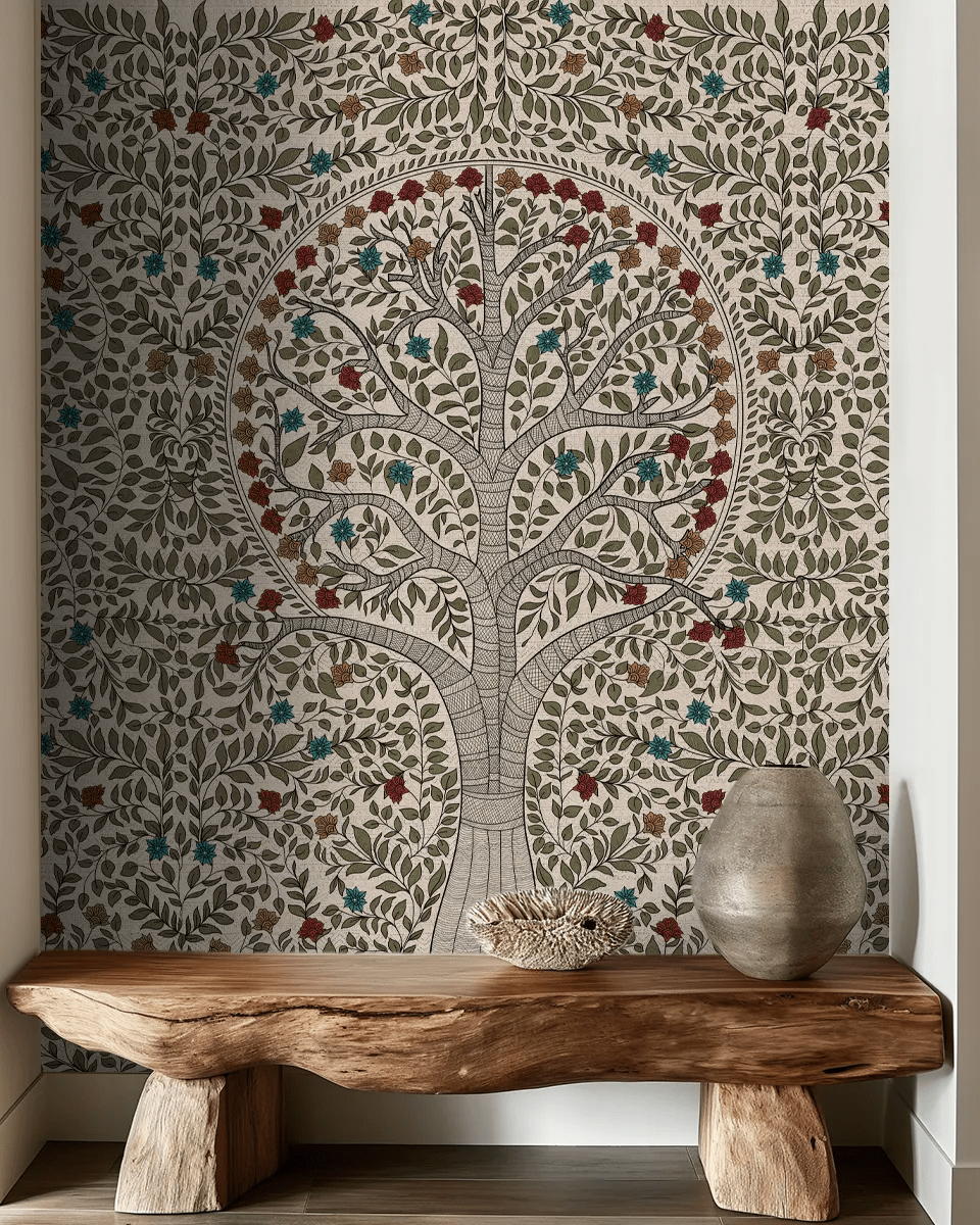 Anant Madhubani Design Customised Wallpaper Mural - Marble Lotus - Anant Madhubani Design Wallpaper Customised