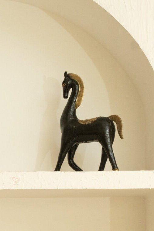 Antique Black Horse Figurine with Golden Accents - Marble Lotus - Antique Black Horse Figurine with Golden Accents
