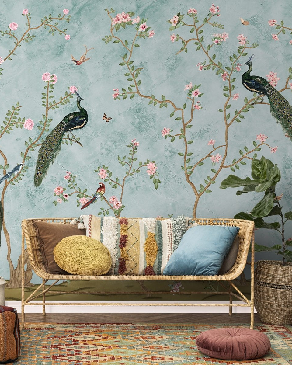 Bagiya, Peacock Chinoiserie Wallpaper, Customised - Marble Lotus - Bagiya, Peacock Chinoiserie Wallpaper, Customised
