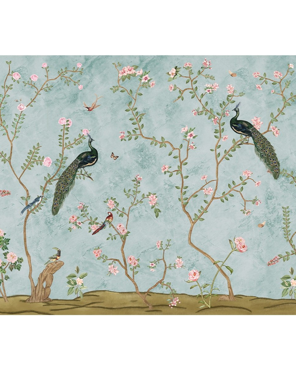 Bagiya, Peacock Chinoiserie Wallpaper, Customised - Marble Lotus - Bagiya, Peacock Chinoiserie Wallpaper, Customised