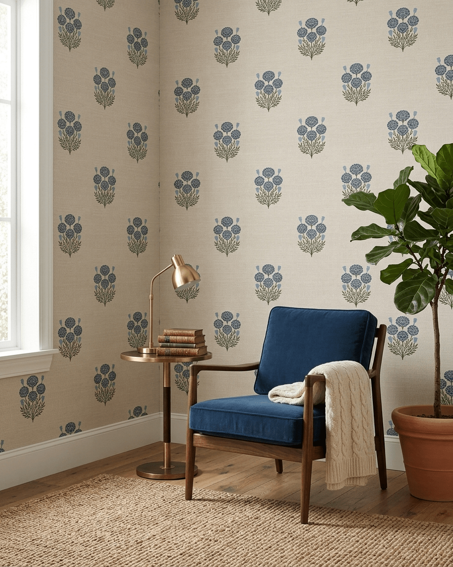 Bagru Block Print – Blue on Beige - Marble Lotus - Bagru Block Print – Blue on Beige