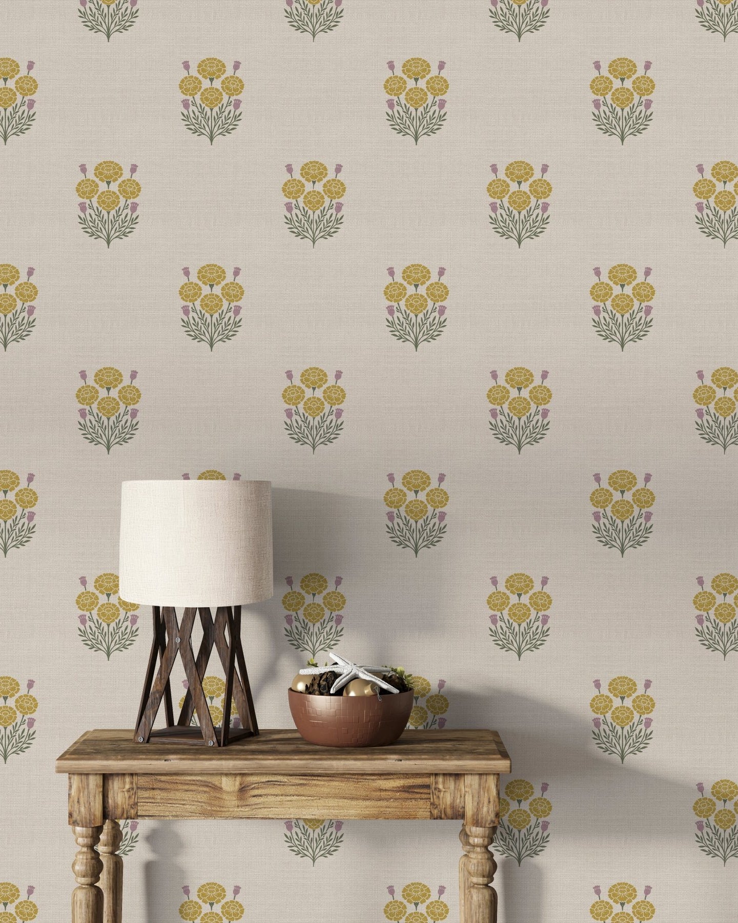 Bagru Block Print – Yellow on Beige - Marble Lotus - Bagru Block Print – Yellow on Beige