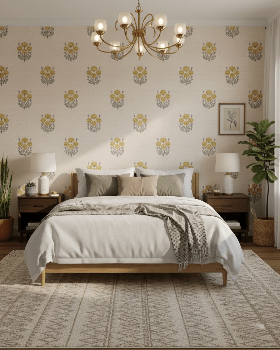 Bagru Block Print – Yellow on Beige - Marble Lotus - Bagru Block Print – Yellow on Beige