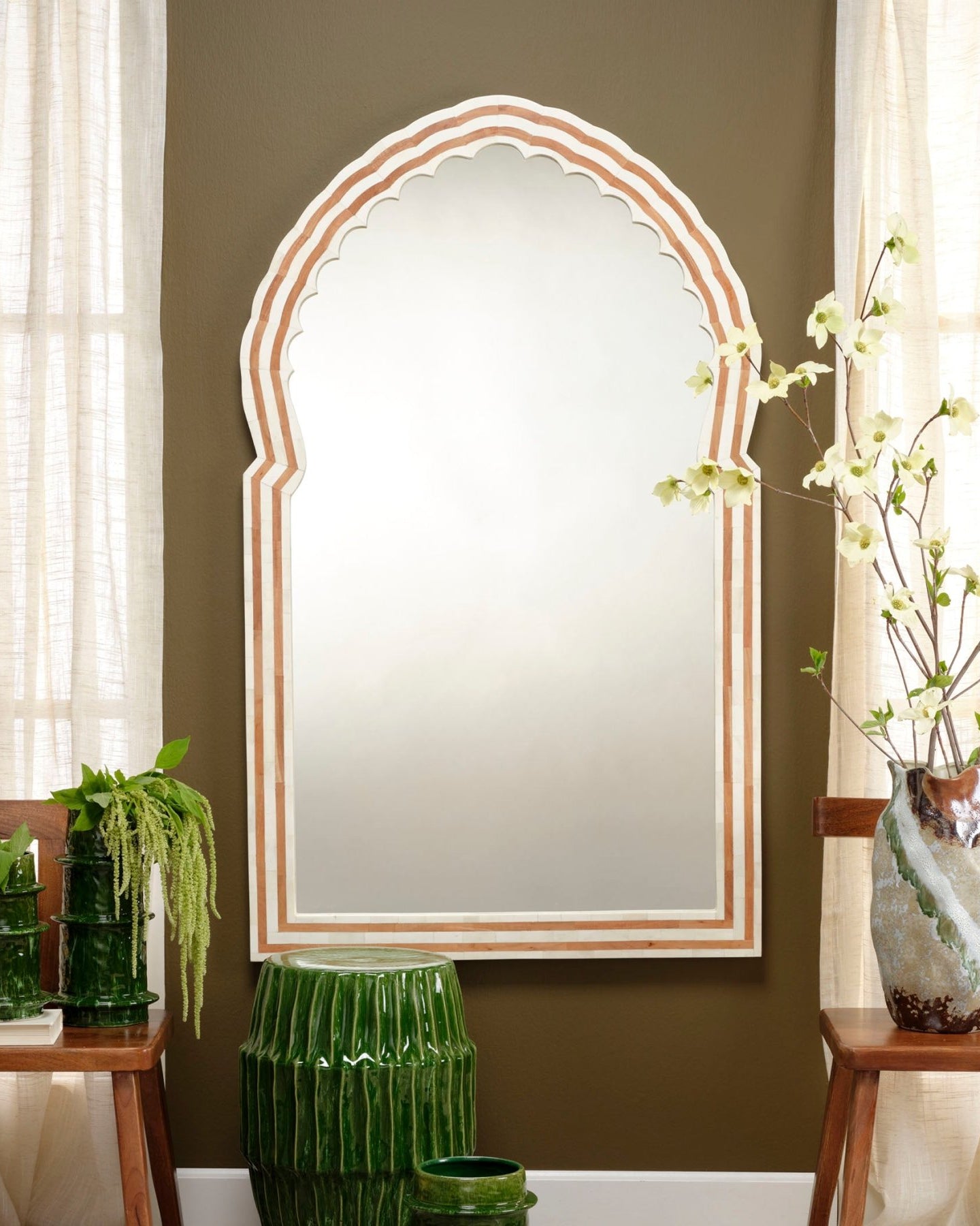 Bardot 60" Wood & Buffalo Bone Arch Wall Mirror - Marble Lotus - Bardot 60" Wood & Buffalo Bone Arch Wall Mirror