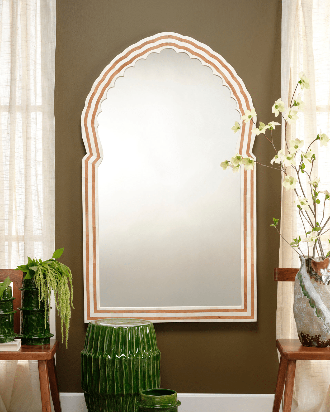 Bardot 60" Wood & Buffalo Bone Arch Wall Mirror - Marble Lotus - Bardot 60" Wood & Buffalo Bone Arch Wall Mirror