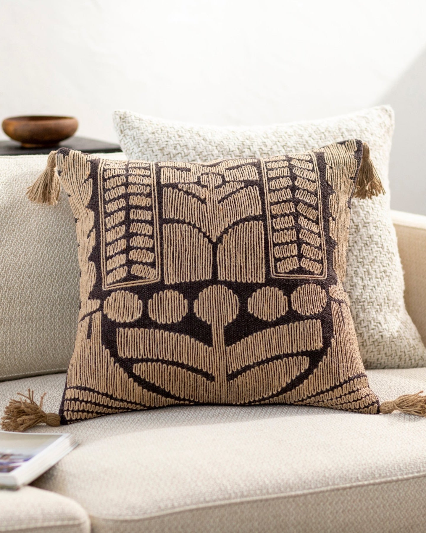 Black Jute Embroidered Tassel Pillow - Marble Lotus - Black Jute Embroidered Tassel Pillow | Marble Lotus