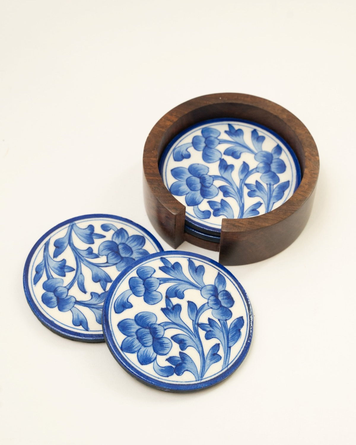 Blue Jaipur Pottery Coasters - Set of 4 in Wooden Case - Marble Lotus - Blue Jaipur Pottery Coasters - Set of 4 in Wooden Case - Marble Lotus