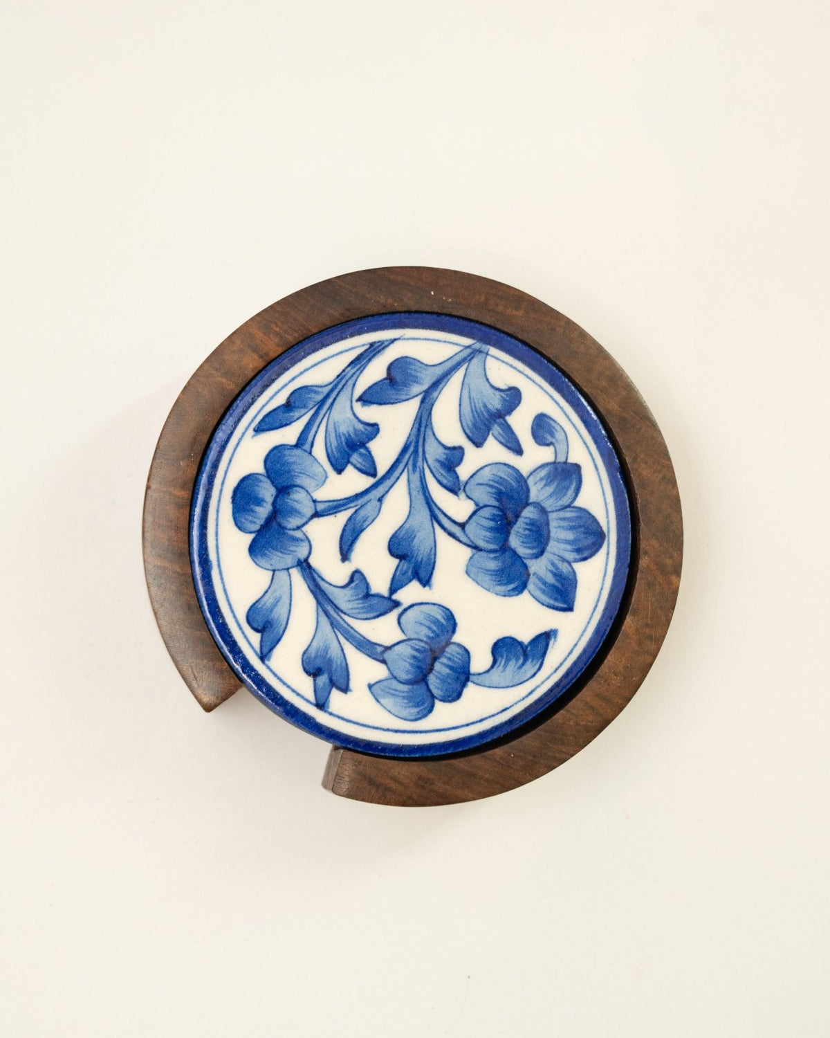 Blue Jaipur Pottery Coasters - Set of 4 in Wooden Case - Marble Lotus - Blue Jaipur Pottery Coasters - Set of 4 in Wooden Case - Marble Lotus