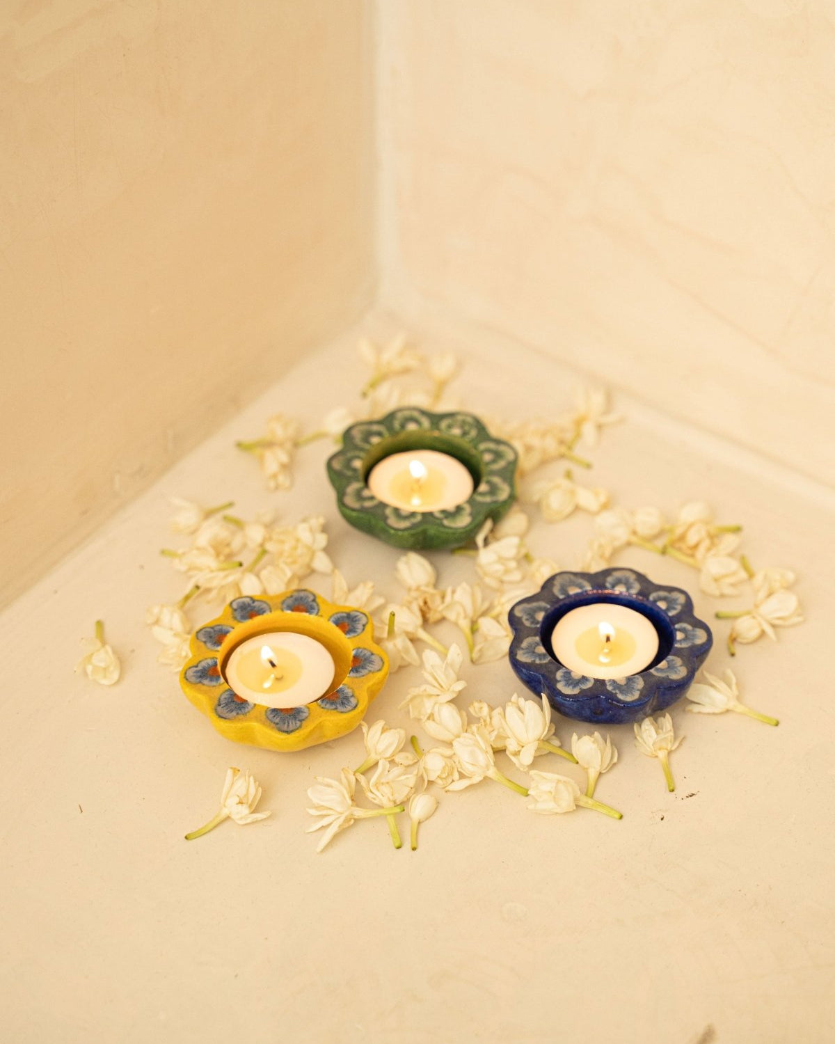 Blue Jaipur Pottery Diya (Set of 2) - Marble Lotus - Blue Jaipur Pottery Diya (Set of 2) - Marble Lotus