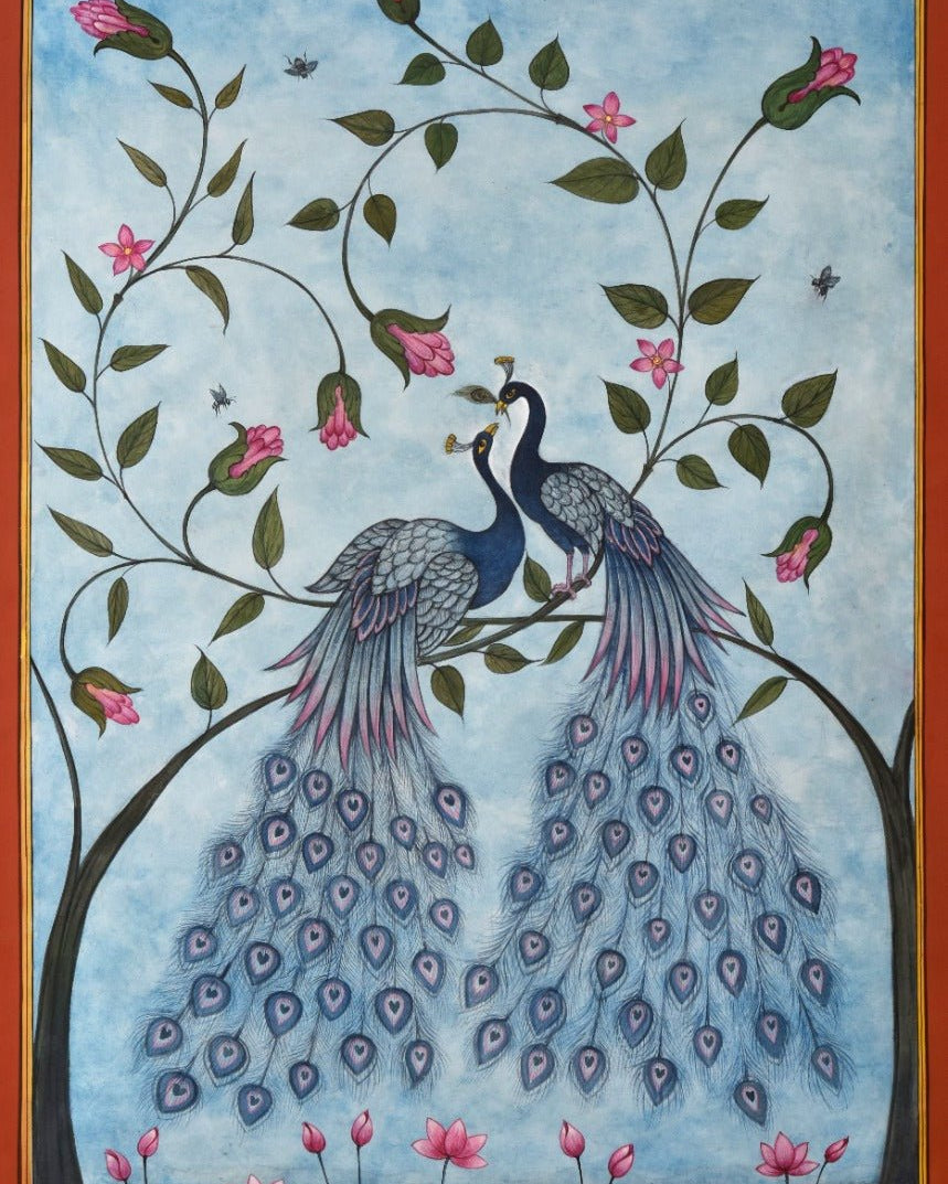 Blue Peacock Pair - Marble Lotus - Pichwai Painting | Blue Peacock Pair | Indian Art