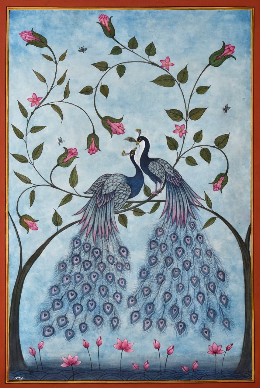 Blue Peacock Pair - Marble Lotus - Pichwai Painting | Blue Peacock Pair | Indian Art
