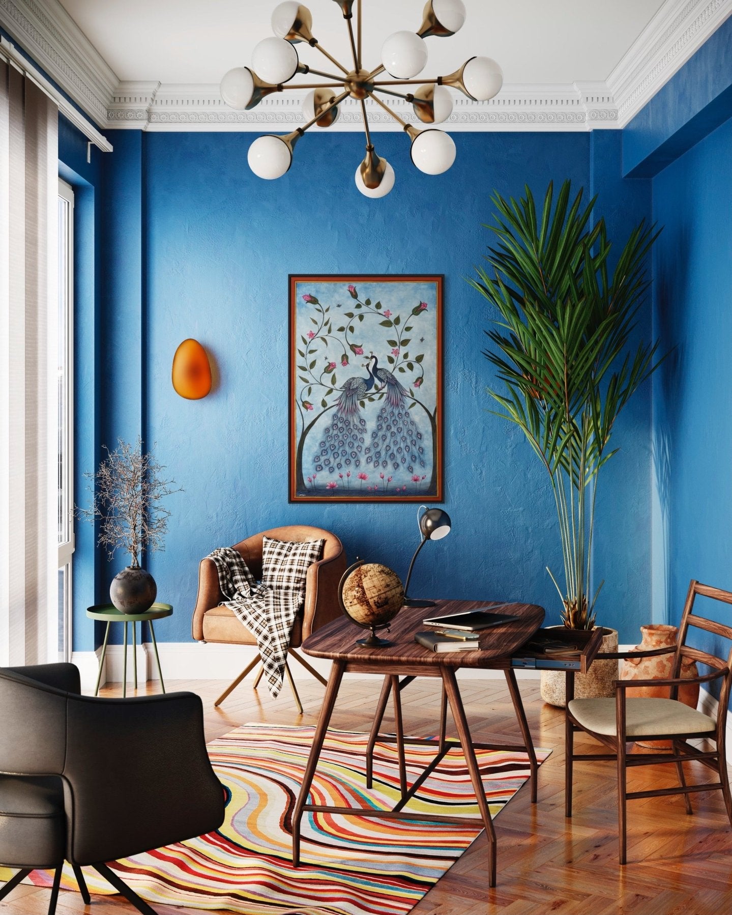 Blue Peacock Pair - Marble Lotus - Pichwai Painting | Blue Peacock Pair | Modern Home
