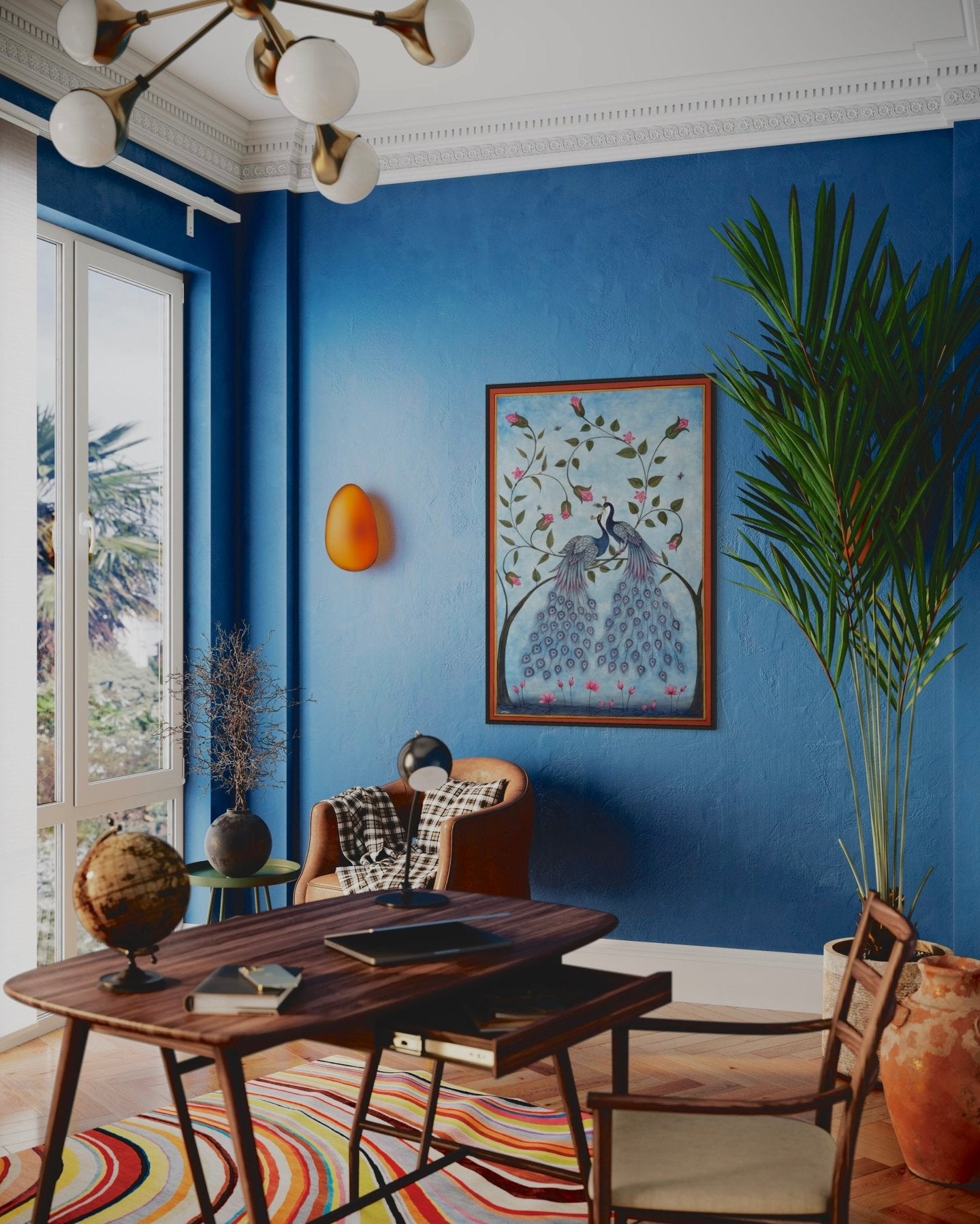 Blue Peacock Pair - Marble Lotus - Pichwai Painting | Blue Peacock Pair | Modern Home