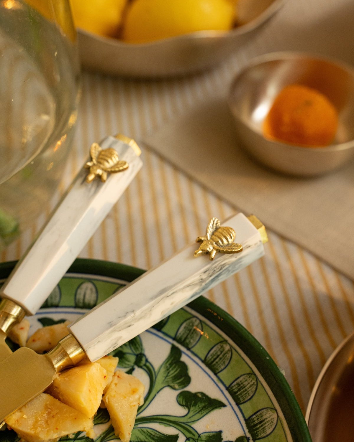 Brass Cake Server with Bee Detail - Marble Lotus - Brass Cake Server with Bee Detail