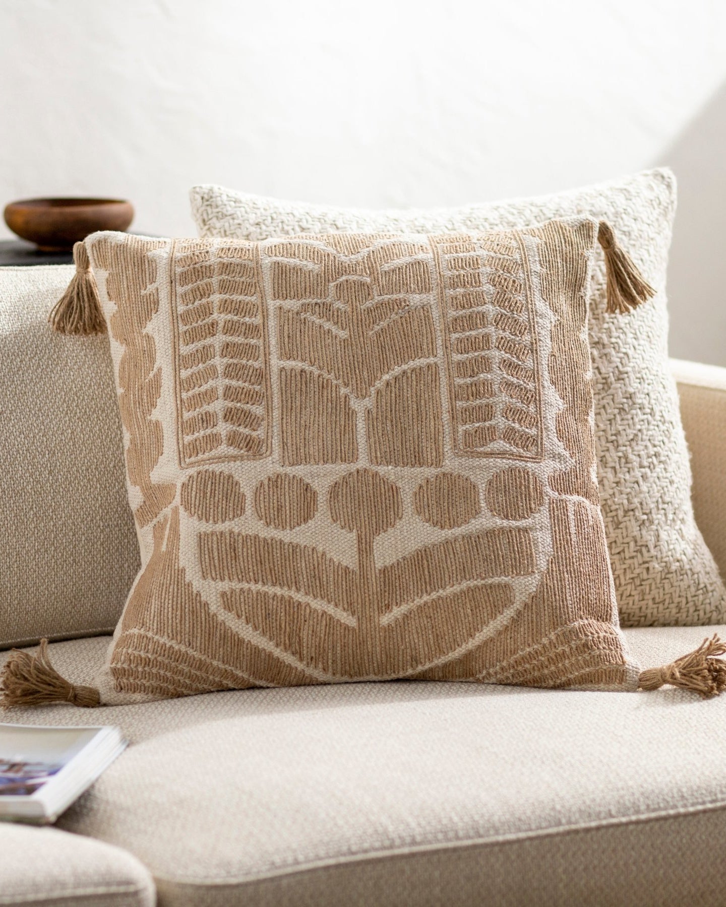 Brown Jute Embroidered Tassel Pillow - Marble Lotus - Brown Jute Embroidered Tassel Pillows