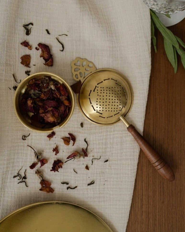 Chai Strainer with Wood Handle - Marble Lotus - Buy Brass Chai Strainer with Wood Handle from Marble Lotus