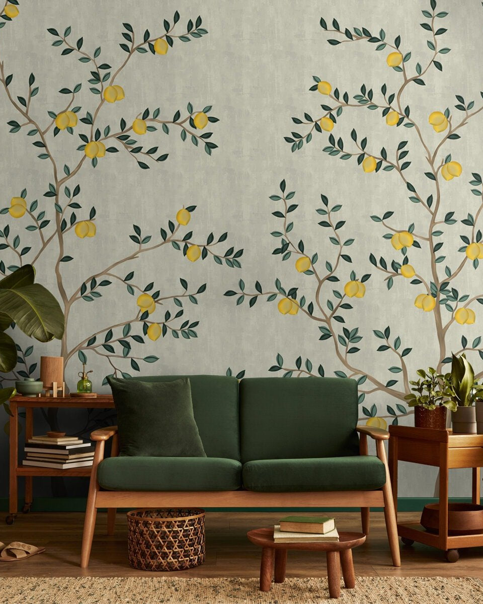 Chinoiserie Lemons, Customised Wallpaper for Walls - Marble Lotus - Chinoiserie Lemons, Customised Wallpaper for Walls