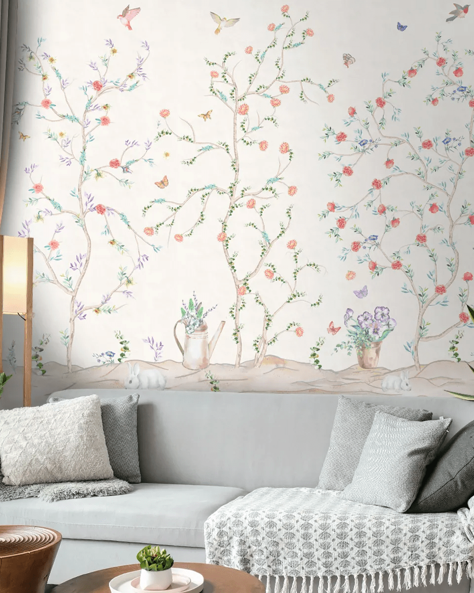 Chinoiserie Tranquility, Wallpaper in Light Background, Customised - Marble Lotus - Chinoiserie Tranquility, Wallpaper in Light Background, Customised