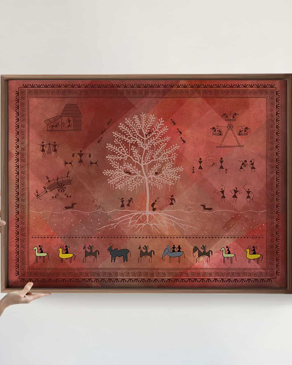 Chitra Indian Warli Painting Frameless Wall Art Digital Print Poster 36 x 48 inches - Marble Lotus - Chitra Indian Warli Painting Wall Art Digital Print