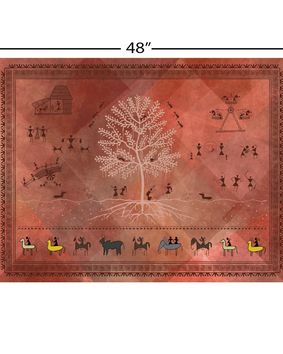 Chitra Indian Warli Painting Frameless Wall Art Digital Print Poster 36 x 48 inches - Marble Lotus - Size render of Chitra Indian Warli Painting Wall Art Digital Print Poster 36 x 48 inches