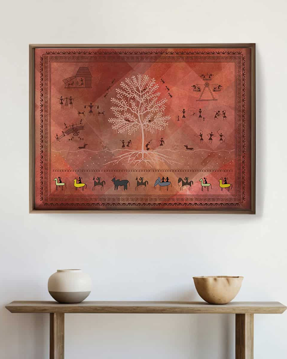 Chitra Indian Warli Painting Frameless Wall Art Digital Print Poster 36 x 48 inches - Marble Lotus - Indian Warli Painting Wall Art Digital Print