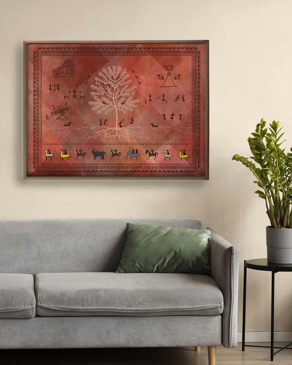 Chitra Indian Warli Painting Frameless Wall Art Digital Print Poster 36 x 48 inches - Marble Lotus - Chitra Indian Warli Painting Wall Art Digital Print | Life n Colors