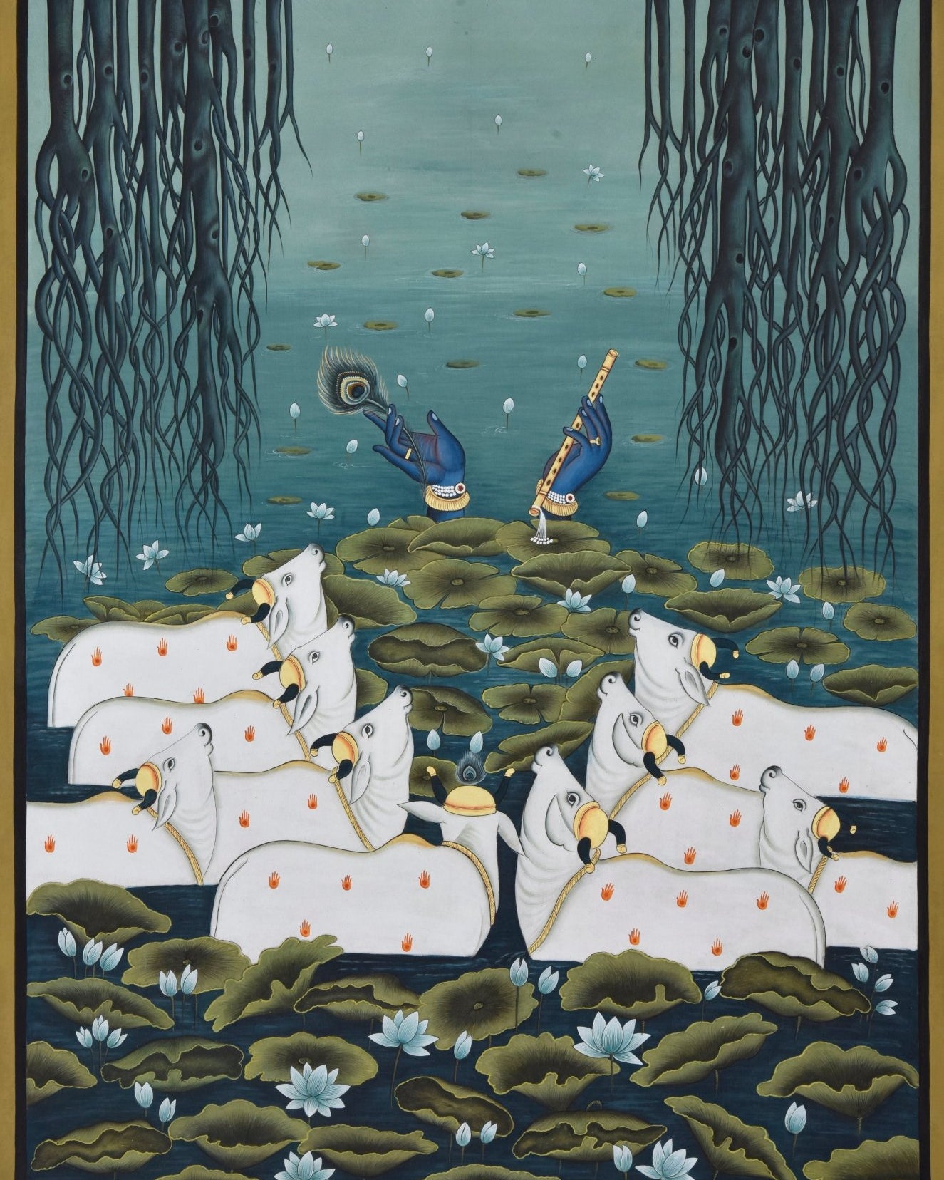 Cows with Lord Krishna Hands - Marble Lotus - Pichwai Painting | Cows with Lord Krishna Hands | Indian Art
