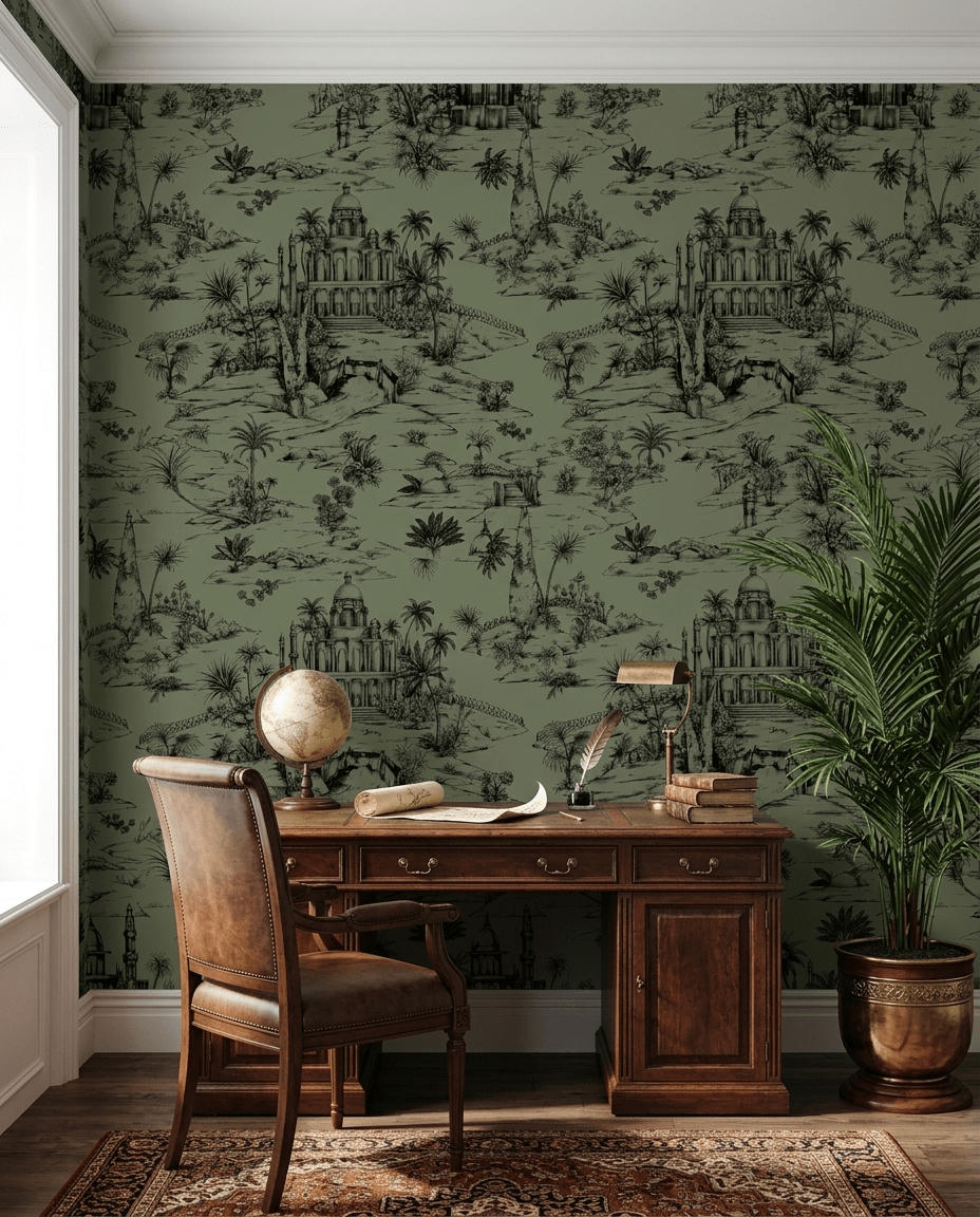 Delhi on Toile – Black on Sage Green - Marble Lotus - Delhi on Toile – Black on Sage Green
