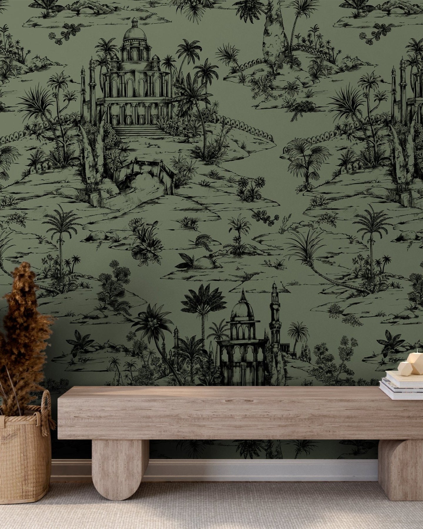 Delhi on Toile - Black on Sage Green - Marble Lotus - Delhi on Toile - Black on Sage Green