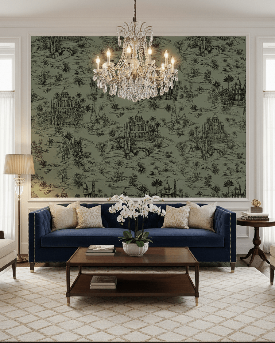 Delhi on Toile - Black on Sage Green - Marble Lotus - Delhi on Toile - Black on Sage Green