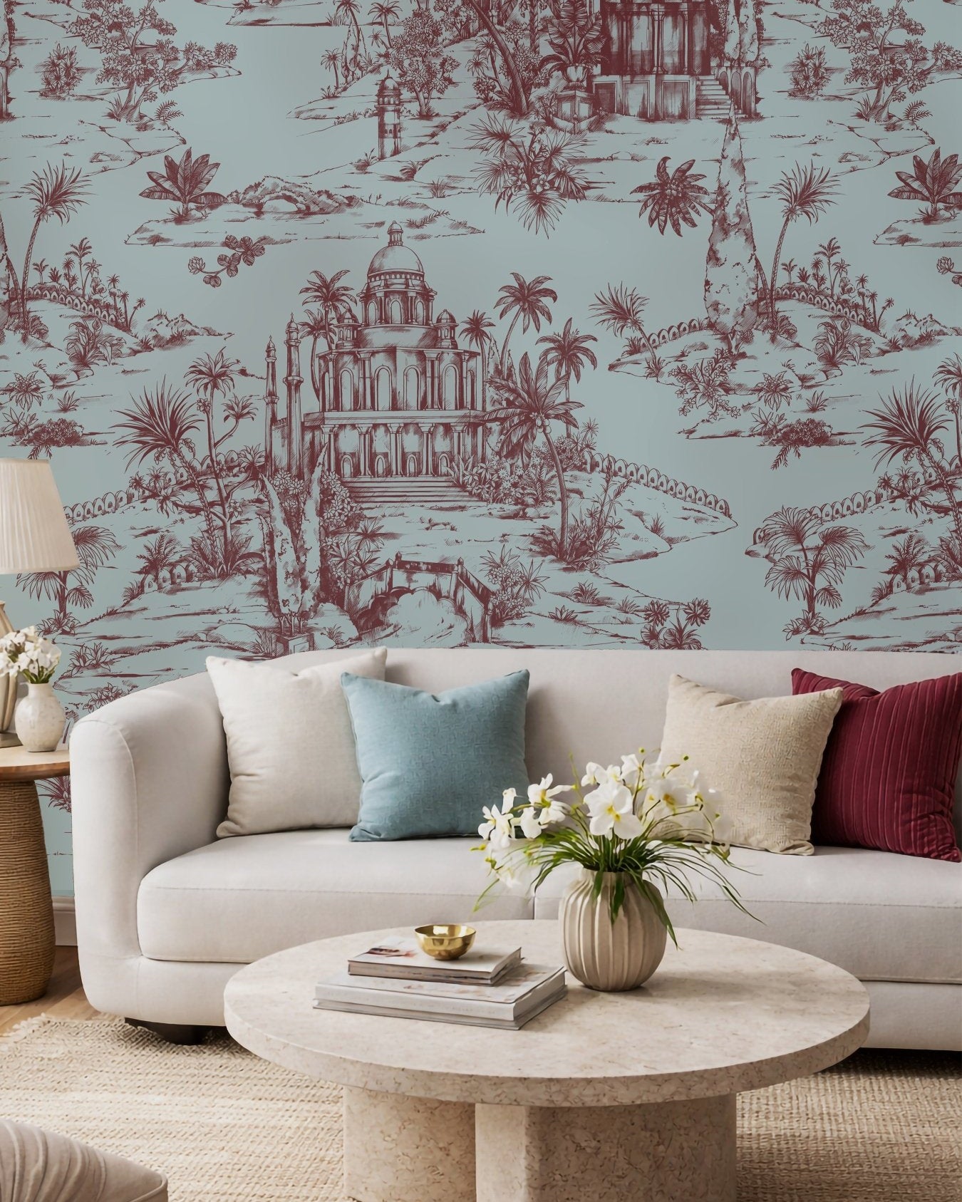 Delhi on Toile - Maroon on Powder Blue - Marble Lotus - Delhi on Toile - Maroon on Powder Blue