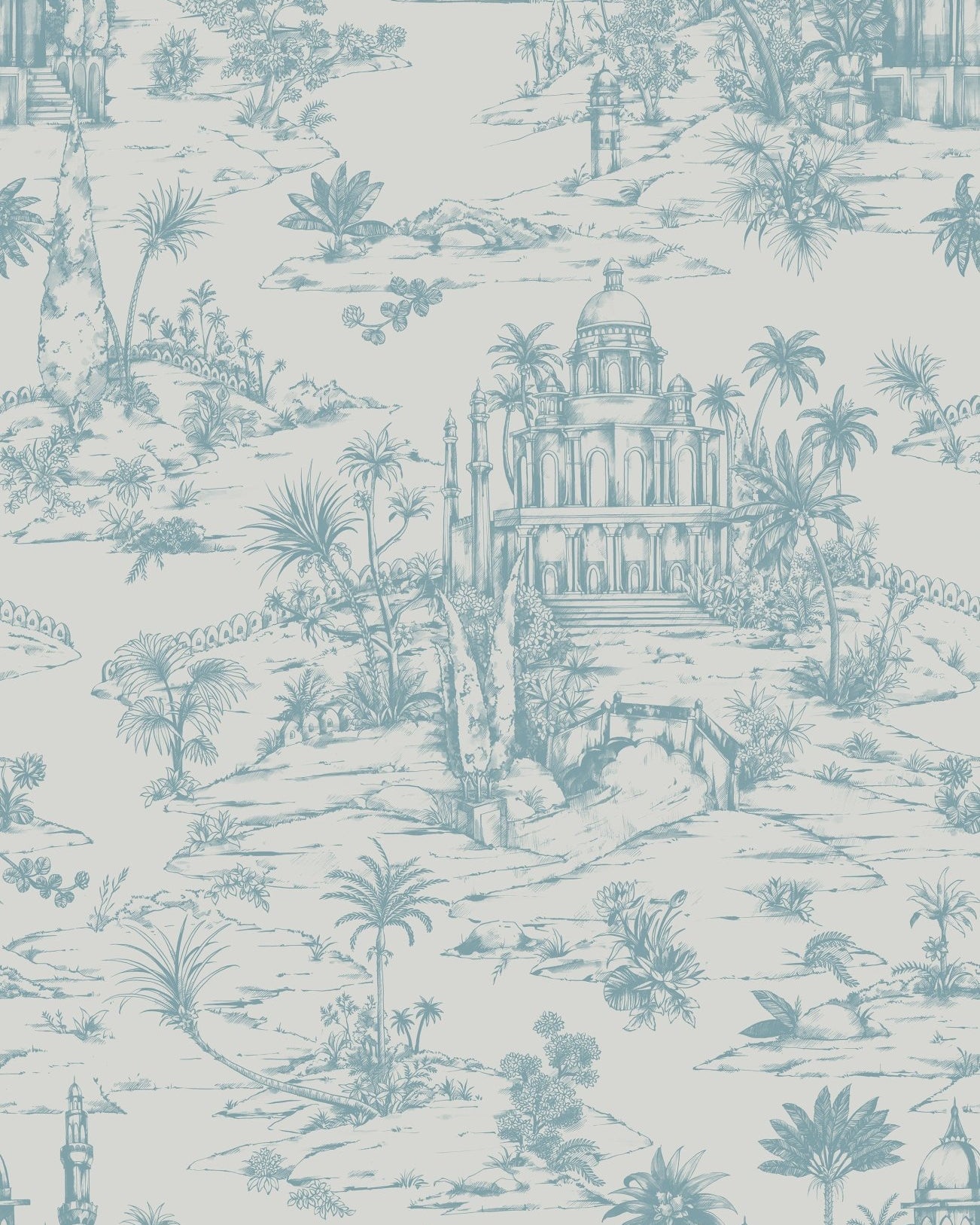 Delhi on Toile - Powder Blue on Beige - Marble Lotus - Delhi on Toile - Powder Blue on Beige