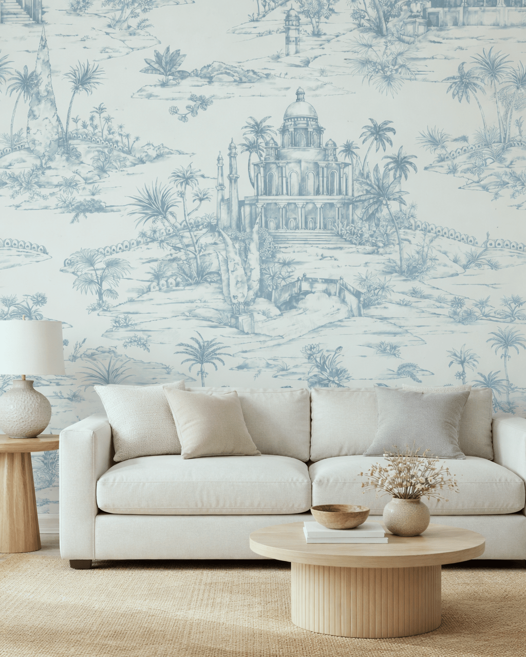Delhi on Toile - Powder Blue on Beige - Marble Lotus - Delhi on Toile - Powder Blue on Beige