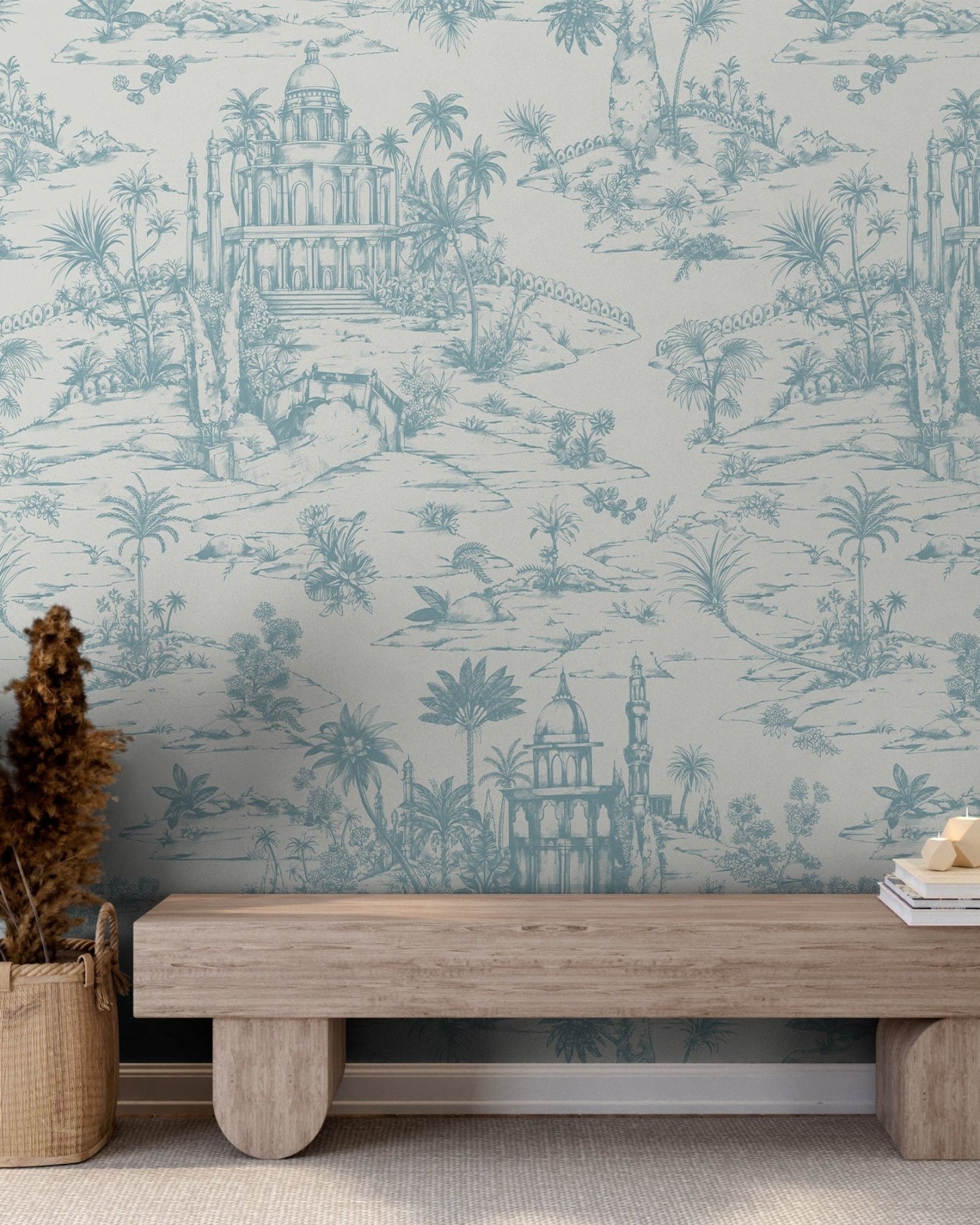 Delhi on Toile - Powder Blue on Beige - Marble Lotus - Delhi on Toile - Powder Blue on Beige