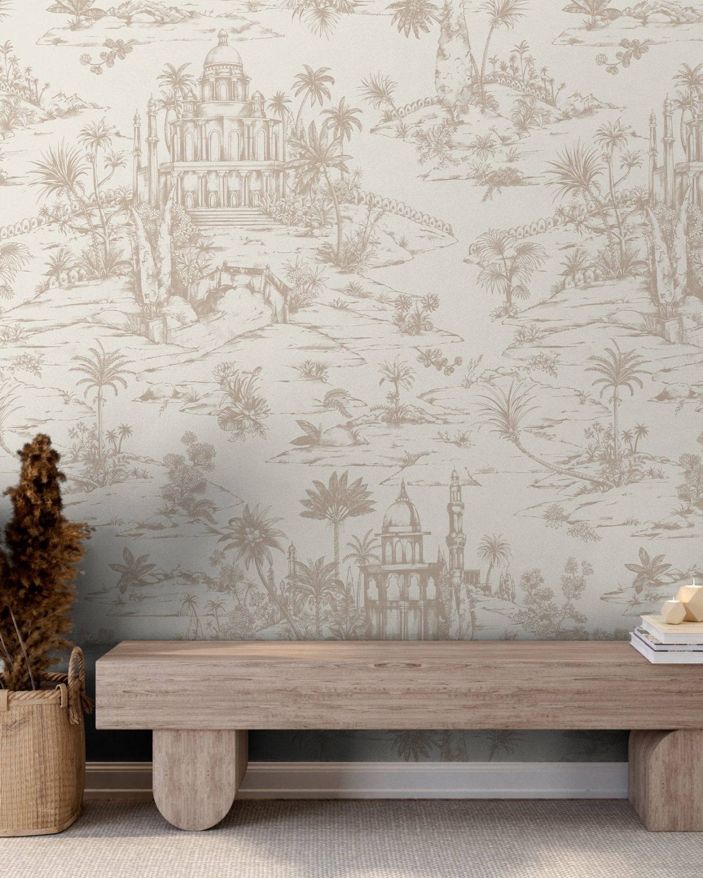 Delhi on Toile Wallpaper Beige - Marble Lotus - Delhi on Toile Wallpaper Beige