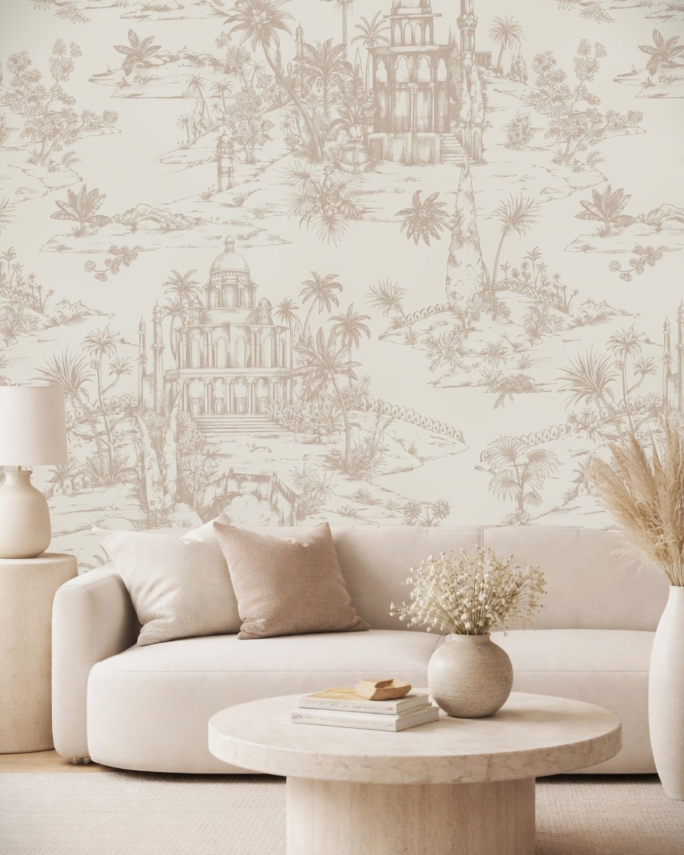Delhi on Toile Wallpaper Beige - Marble Lotus - Delhi on Toile Wallpaper Beige