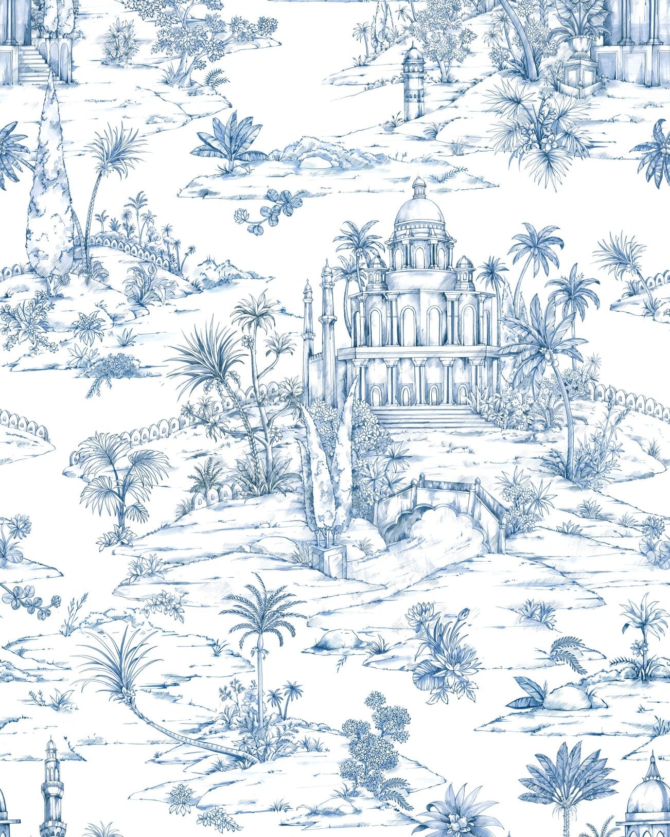 Delhi on Toile Wallpaper Blue - Marble Lotus - Delhi on Toile Wallpaper Blue