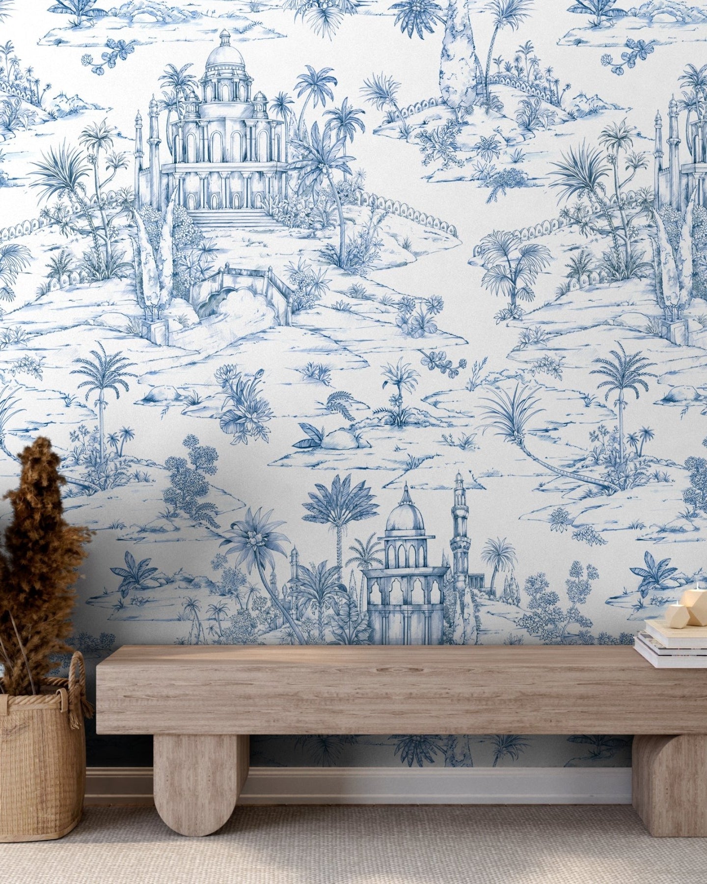 Delhi on Toile Wallpaper Blue - Marble Lotus - Delhi on Toile Wallpaper Blue