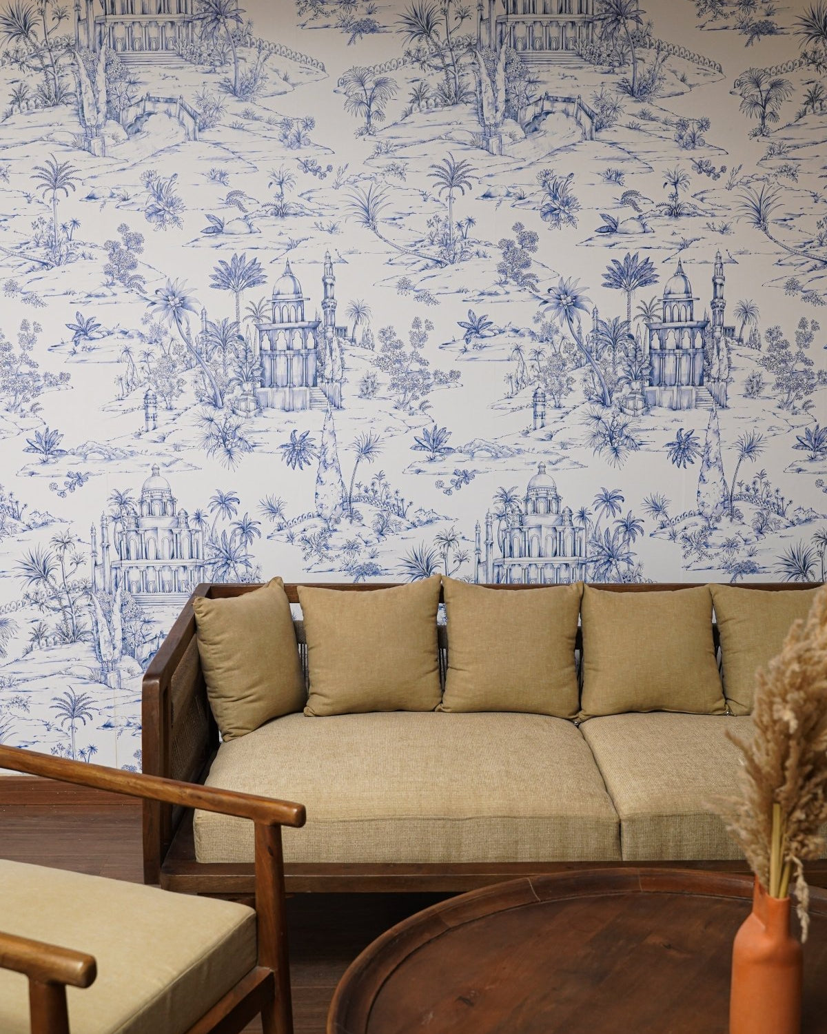 Delhi on Toile Wallpaper Blue - Marble Lotus - Delhi on Toile Wallpaper Blue