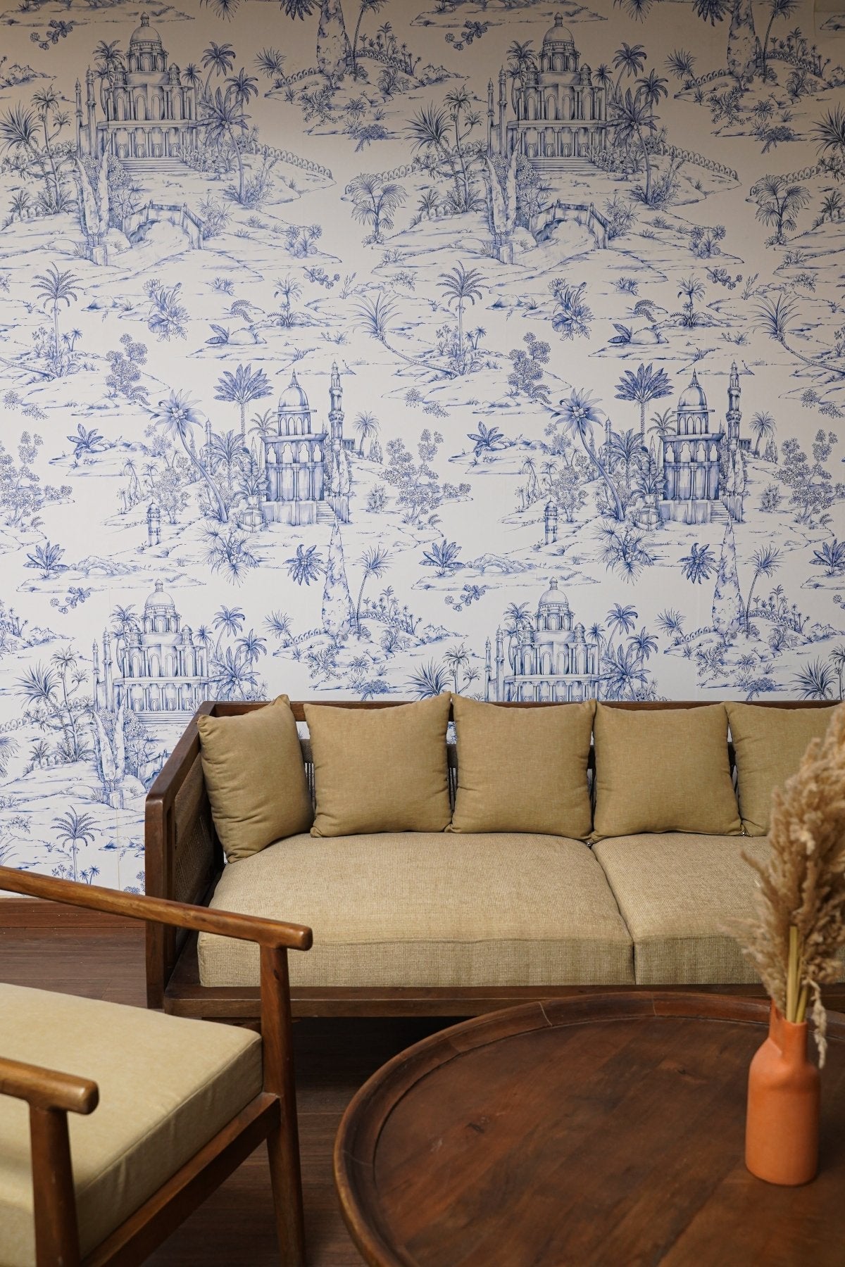 Delhi on Toile Wallpaper Blue - Marble Lotus - Delhi on Toile Wallpaper Blue