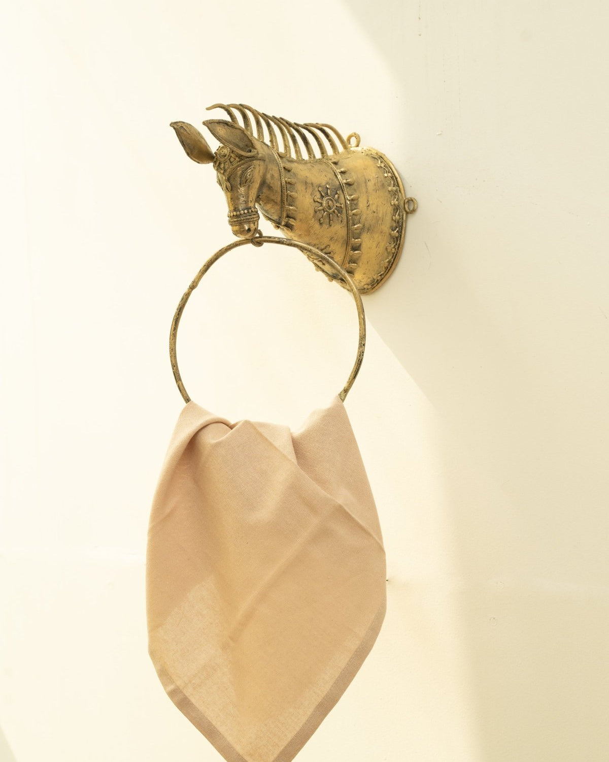 Dhokra Brass Horse Head Towel Ring Holder - Marble Lotus - Dhokra Brass Horse Head Towel Ring Holder