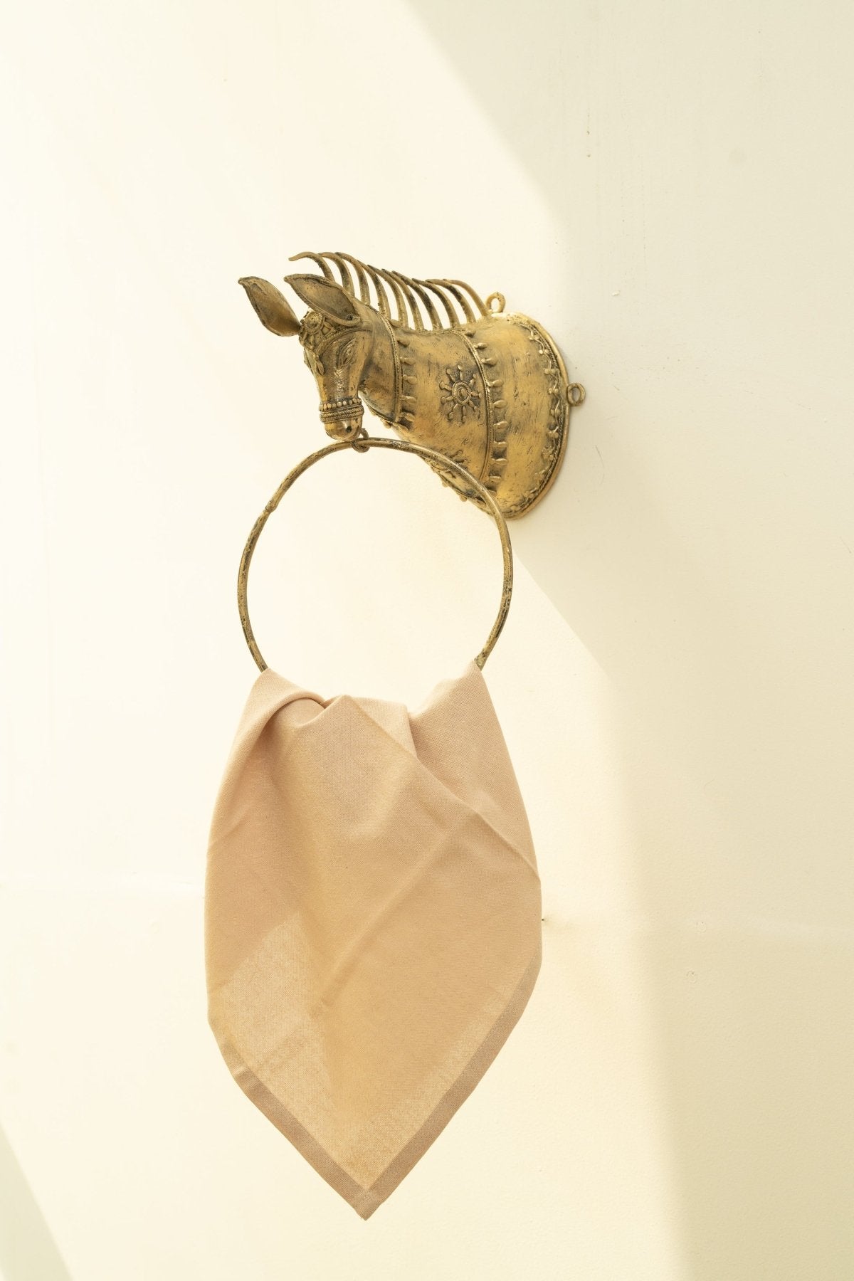 Dhokra Brass Horse Head Towel Ring Holder - Marble Lotus - Dhokra Brass Horse Head Towel Ring Holder